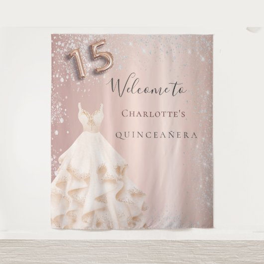 Tenture Quinceanera rose or argent parties scintillant rob (Devant)