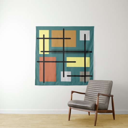 Tenture Rectangles du Moyen-siècle Carré Turquoise multico (En situation)