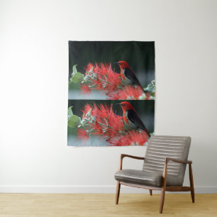 Tenture Red Bird on Green Branch Wall Art - frappant