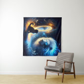 Tenture Réflexion magique : Chat noir et Lion blanc (En situation (horizontale))