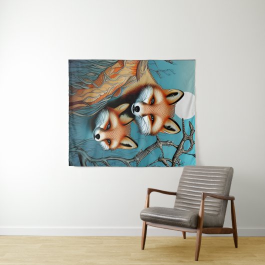 Tenture Renard et Bébé Renards  (En situation (horizontale))