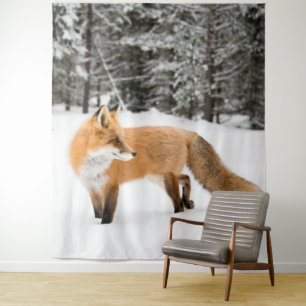 Tenture Renard rouge en neige blanche