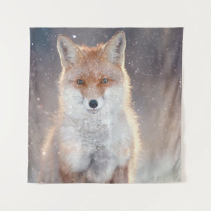 Tenture Renard rouge, forêt d'hiver, illustration pittores