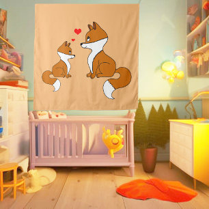Tenture Renards mignons avec des coeurs, dessinés à la mai