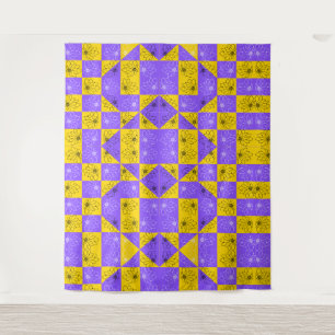 Tenture Rétro Boho Violet et Jaune Motif Damier aux Margue