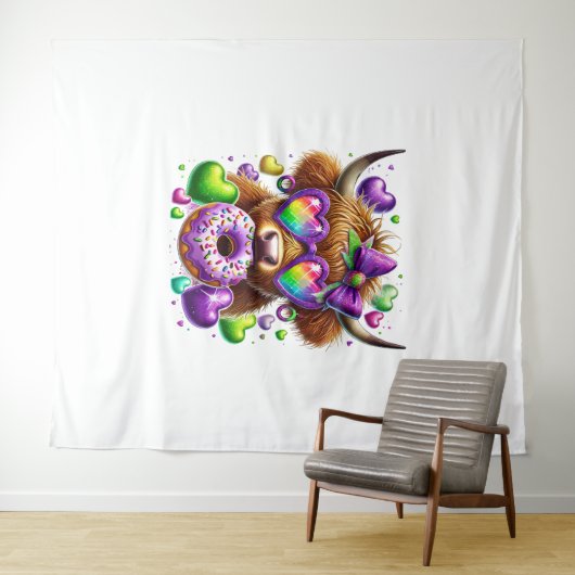 Tenture Retro Mardi Gras, Vache des Highlands (En situation (horizontale))