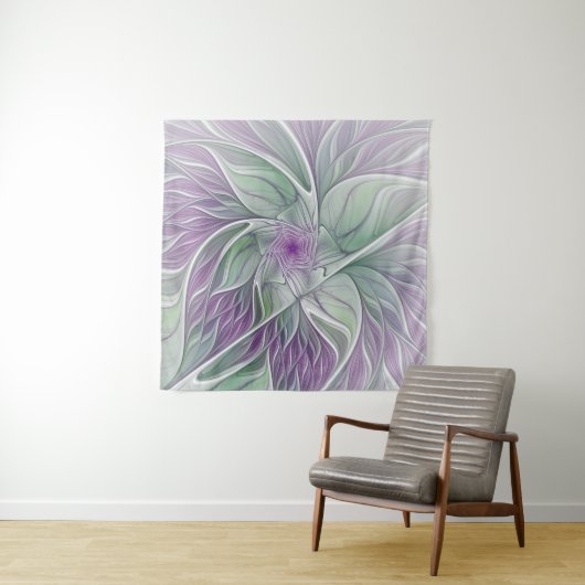 Tenture Rêve de fleurs, Abstrait violet vert Fractal Art (En situation)