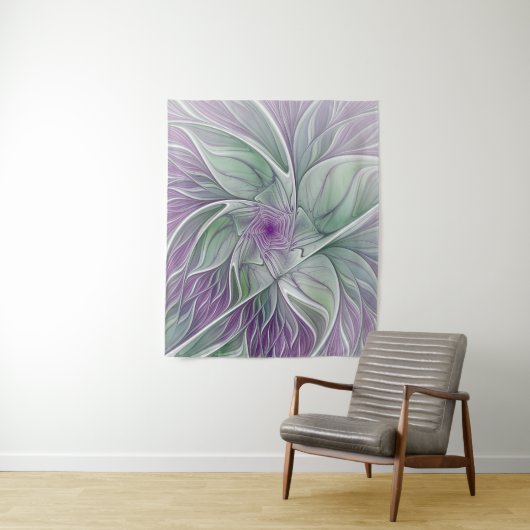 Tenture Rêve de fleurs, Abstrait violet vert Fractal Art (En situation)