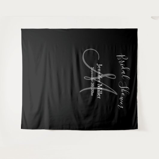 Tenture Ride de Mariage Noir Gris Monogramme Nom Photomato (Devant (Horizontal))