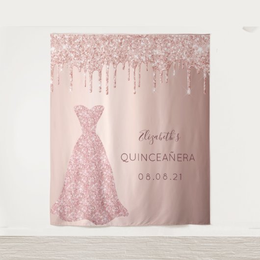 Tenture Robe rose en or gouttes roses Quinceanera (Devant)