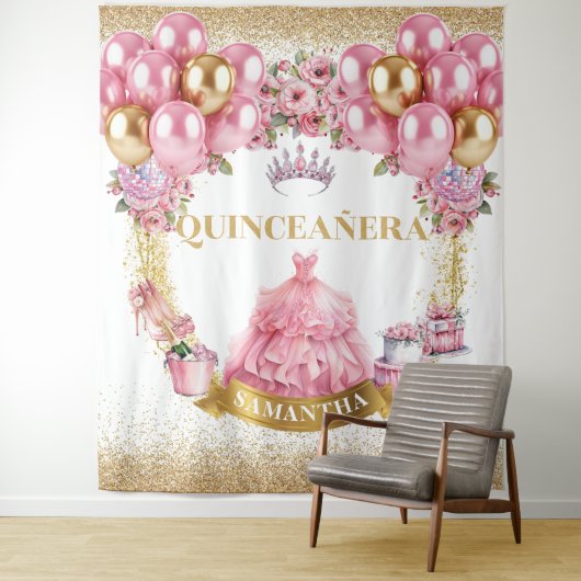 Tenture Robe rose Quinceañera Arrière-plan Parties scintil (En situation)