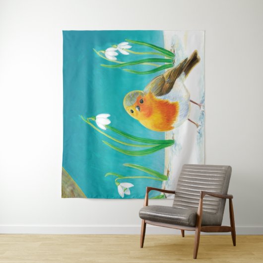 Tenture Robin Bird & snowdrops Illustration (En situation)