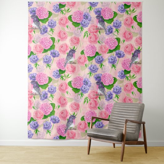 Tenture Robin et fleurs, motif aquarelle (En situation)