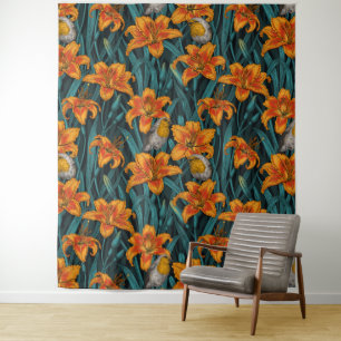 Tenture Robins et fleurs de lys, orange et bleu