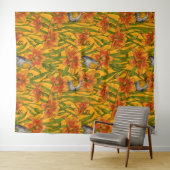 Tenture Robins et fleurs de lys, orange et vert (En situation (horizontale))