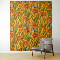 Robins et fleurs de lys, orange et vert