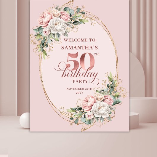 Tenture Rose Dorée Blush Floral Fête des 50 ans