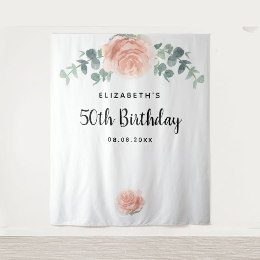 Tenture Rose gold anniversaire rose floral eucalyptus blan (Devant)