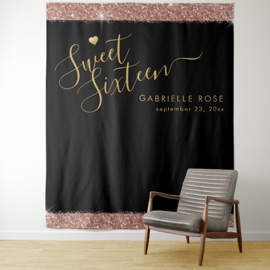 Tenture Rose Gold Black Sweet 16 Parties scintillant Confe (En situation)
