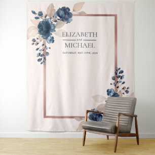 Tenture Rose Gold Bleu Nuit Rose Poussiéreux Floral Mariag