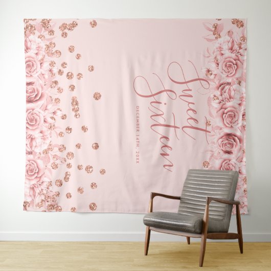 Tenture Rose Gold Blush Sweet 16 Parties scintillant Confe (En situation (horizontale))