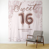 Tenture Rose Gold Foil Sweet 16 Ballons rose fond (En situation)