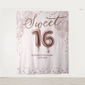 Tenture Rose Gold Foil Sweet 16 Ballons rose fond (Devant)