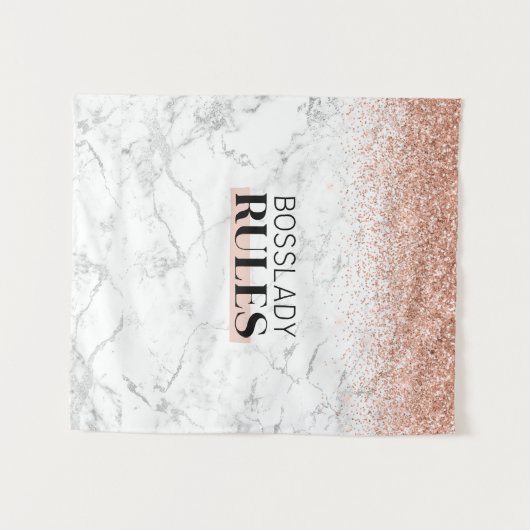 Tenture Rose Gold Glitter Marbre Blanc Logo BossLady Rules (Devant (Horizontal))