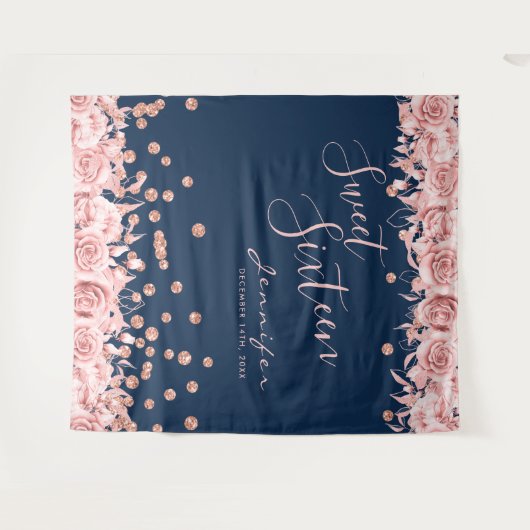 Tenture Rose Gold Navy Sweet 16 Parties scintillant Confet (Devant (Horizontal))