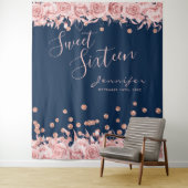 Tenture Rose Gold Navy Sweet 16 Parties scintillant Confet (En situation)