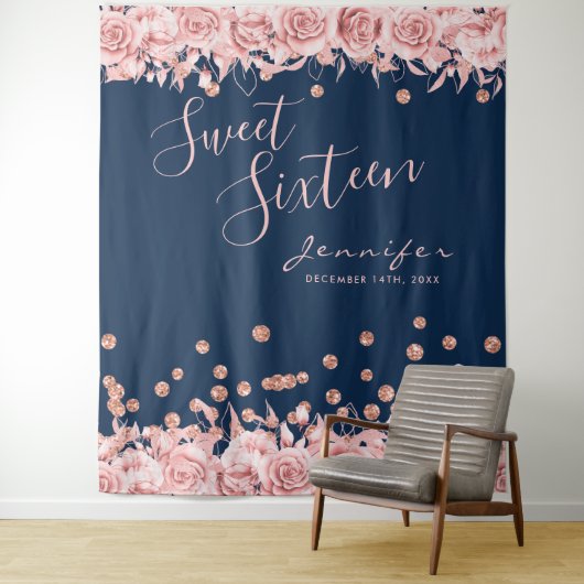 Tenture Rose Gold Navy Sweet 16 Parties scintillant Confet (En situation)