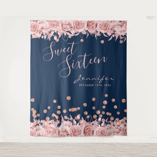 Tenture Rose Gold Navy Sweet 16 Parties scintillant Confet (Devant)