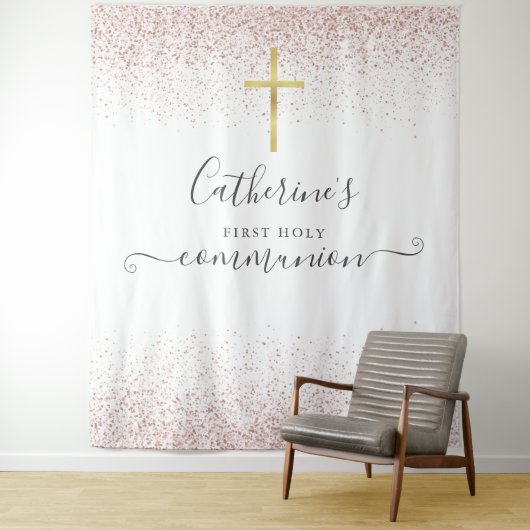 Tenture Rose Parties scintillant d'or Sainte Communion Fon (En situation)