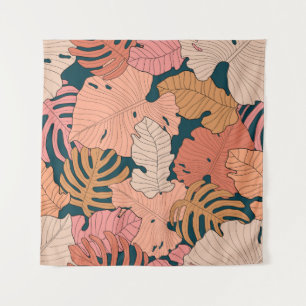 Tenture rose vif, orange, jaune feuilles de monstère et