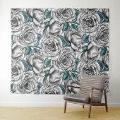 Tenture Roses blanches avec feuilles bleus (En situation (horizontale))