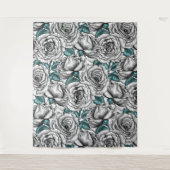 Tenture Roses blanches avec feuilles bleus (Devant)