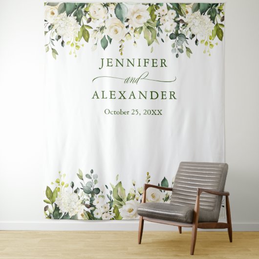 Tenture Roses blanches Verdure Mariage Photo Booth fond (En situation)