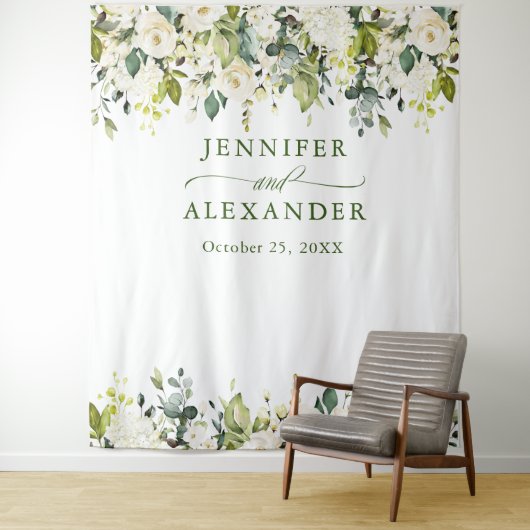 Tenture Roses blanches Verdure Mariage Photo Booth fond (En situation)