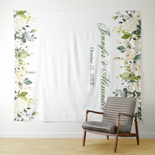 Tenture Roses blanches Verdure Mariage Photo Booth fond (En situation (horizontale))