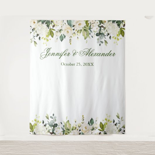 Tenture Roses blanches Verdure Mariage Photo Booth fond (Devant)