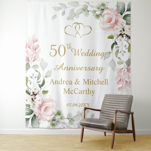 Tenture Roses coeurs d'anniversaire de mariage de 50 ans  (En situation)