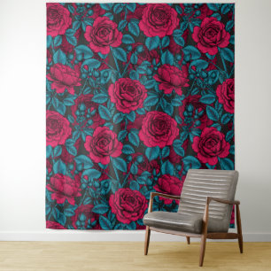 Tenture Roses en rouge et bleu