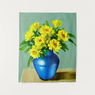 Tenture Roses jaunes dans un Vase bleu Boho Art