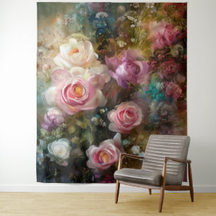 Tenture Roses peintes blanches et roses vintage douces