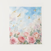 Tenture Roses Rose Pâle & Oiseaux Dorés Fleur Aquarelle (Devant)