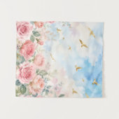 Tenture Roses Rose Pâle & Oiseaux Dorés Fleur Aquarelle (Devant (Horizontal))