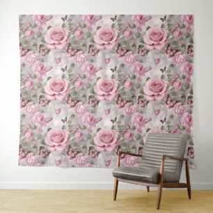 Tenture Roses roses et papillons d'eau