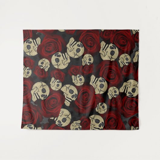 Tenture Roses Rouges & Crânes Floral Gothique Gris Noir (Devant (Horizontal))