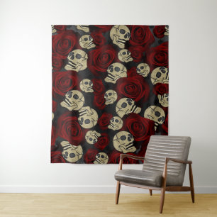Tenture Roses Rouges & Crânes Floral Gothique Gris Noir