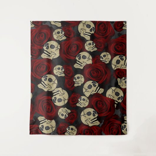 Tenture Roses Rouges & Crânes Floral Gothique Gris Noir (Devant)